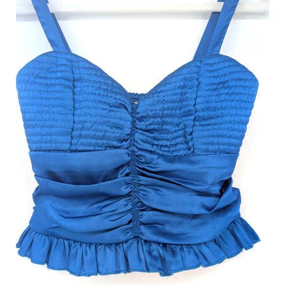 Blue‎ Satin Renaissance Victorian Prairie Ruched Peplum Ruffle Smocked Camisole - Picture 3 of 7